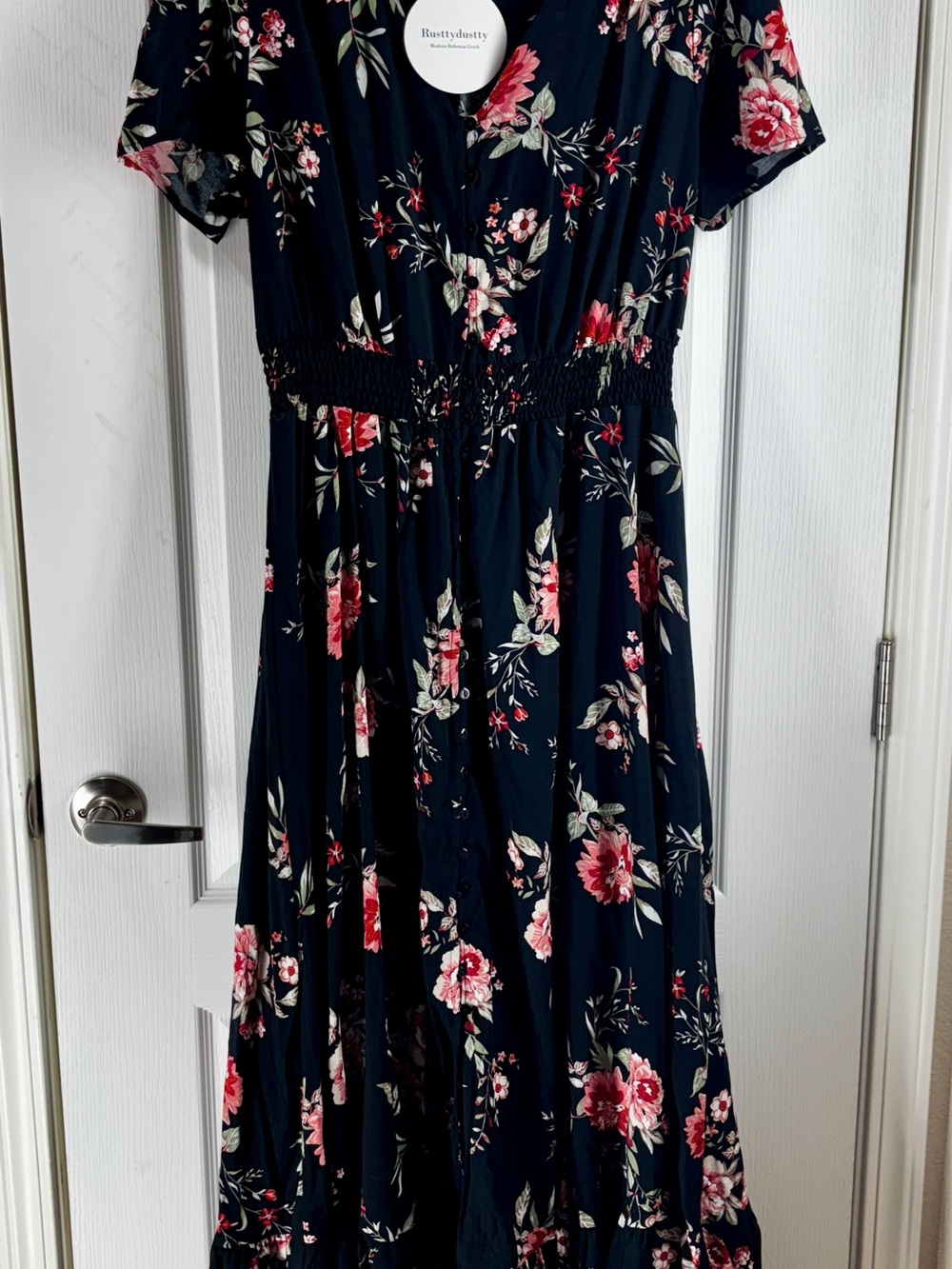 Ruffled Black Maxi Dress with Pink Floral Print